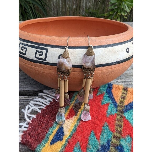 Vintage Stone Bohemian Earrings, Handcrafted Purple Gemstone Dangle Earrings - Picture 2 of 10